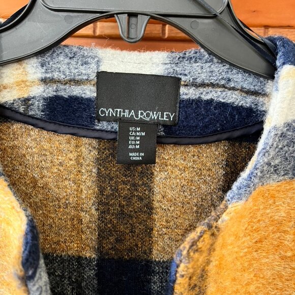 Navy Blue and Gold Plaid Cynthia Rowley Wool Blend Long Jacket, M - Picture 3 of 6